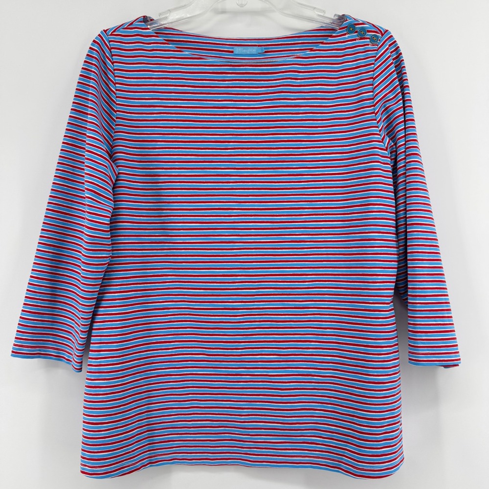 J.McLaughlin Women Red Turquoise Striped Boat Neck 3/4 Sleeve Top Large Nautical